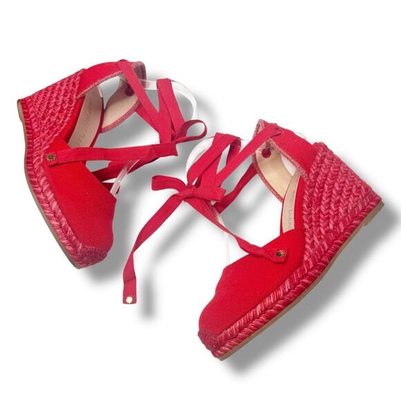 Stuart Weitzman Marguerita Canvas Espadrille Wedge Red Ankle Wrap Sandals Siz 10 - Picture 5 of 13